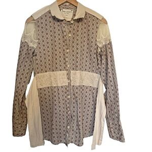 Free People Retro Country Western Cottage Core Blouse Tunic SZ 6 Tie Waist Lacey